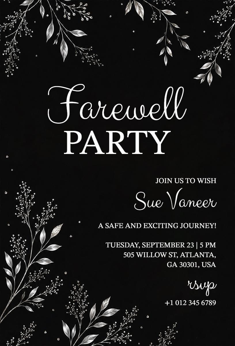Elegant Black Floral Farewell Party Invitation Template