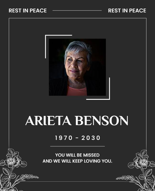 Elegant Black Floral Memorial Tribute Poster Template
