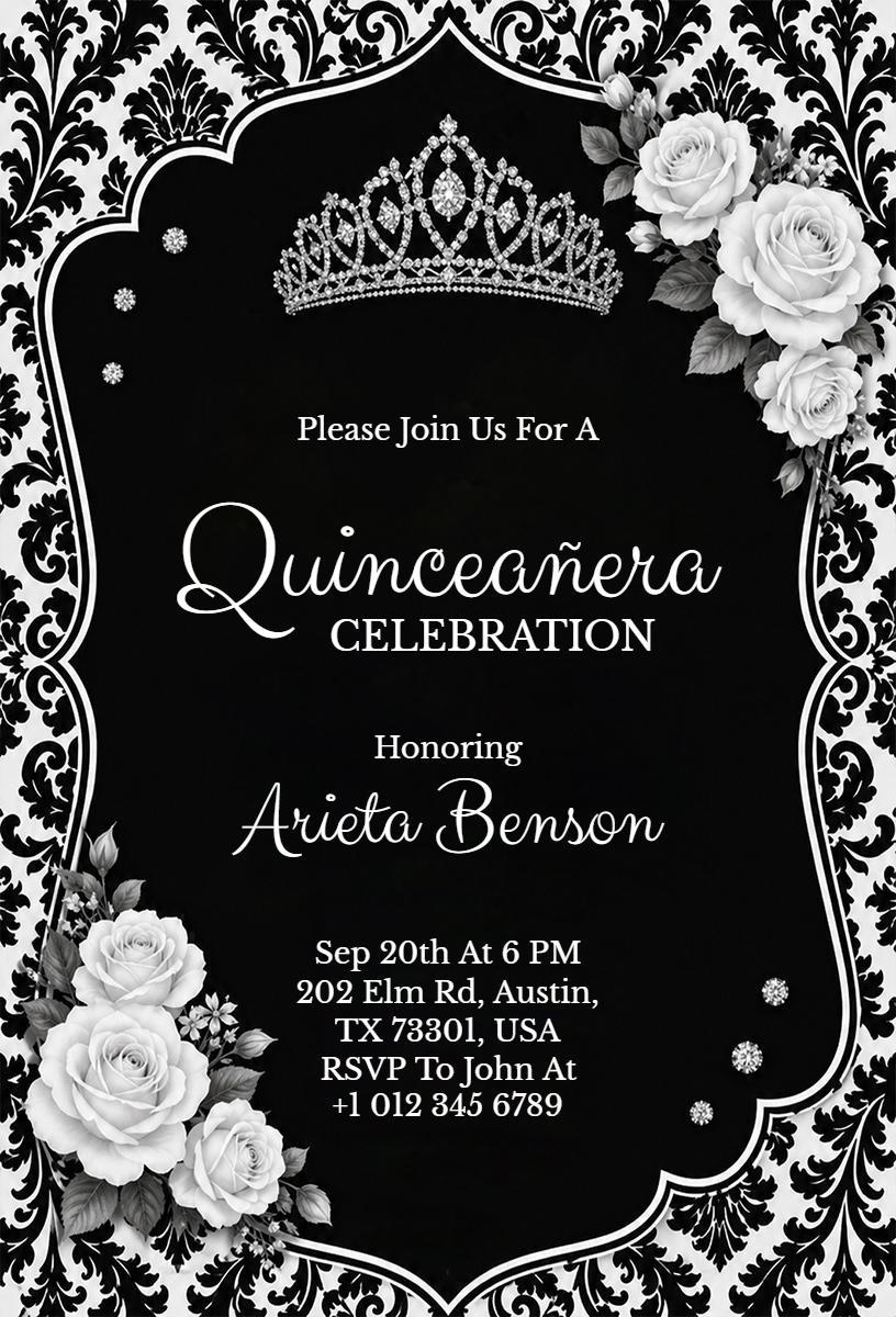 Elegant Black Floral Quinceanera Celebration Invitation Template