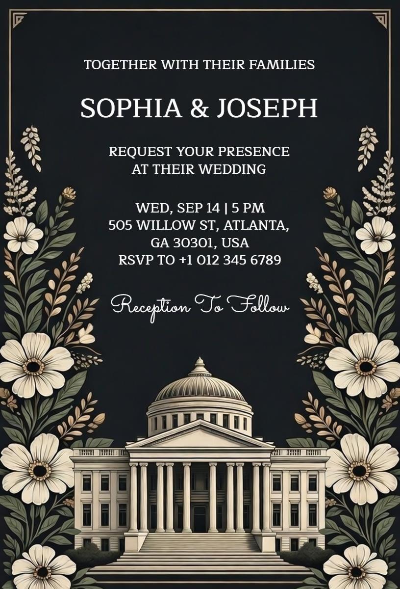 Elegant Black Floral Wedding Ceremony Invitation Template