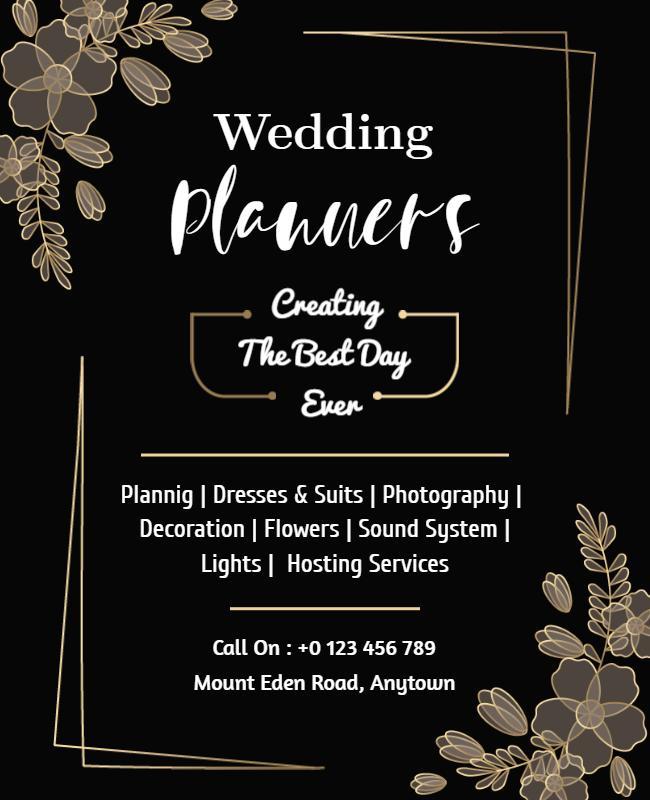 Elegant Black Floral Wedding Planner Services Flyer Template