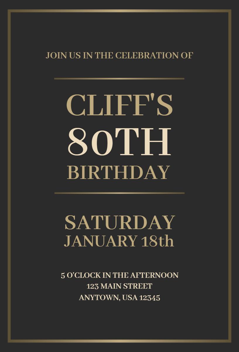 Elegant Black Gold 80th Birthday Celebration Invitation Template