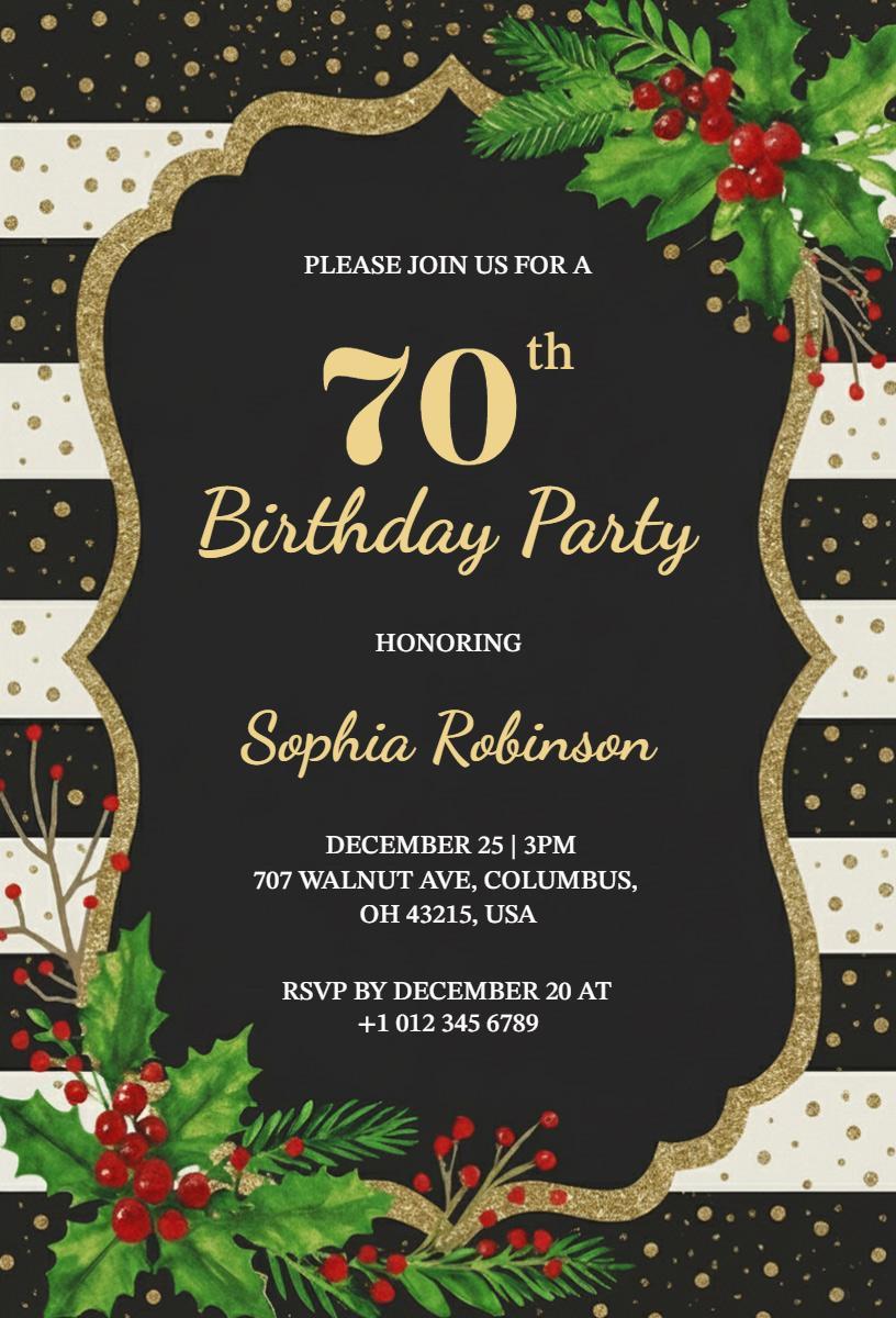 Elegant Black Gold Christmas 70th Birthday Party Invitation Template