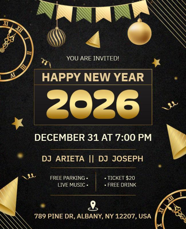 Elegant Black Gold New Year's Eve Celebration Flyer Template