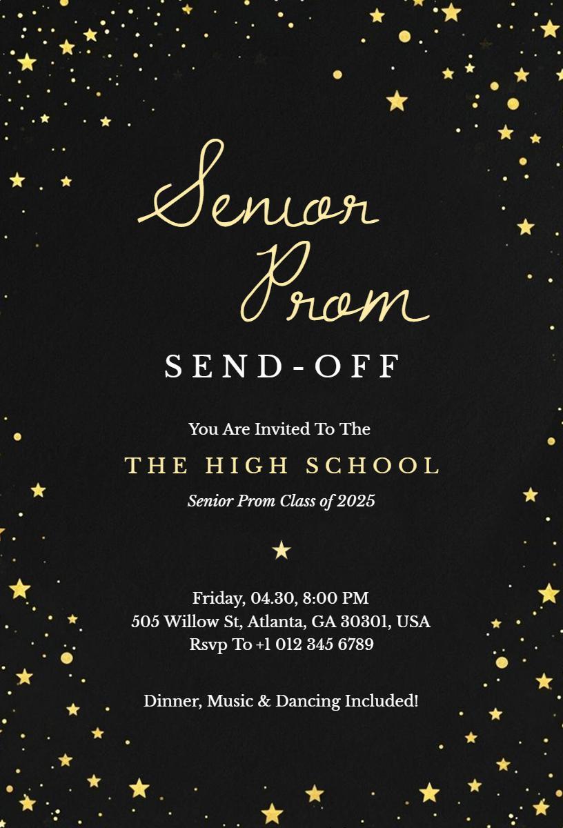 Elegant Black Gold Senior Prom Send-Off Invitation Template
