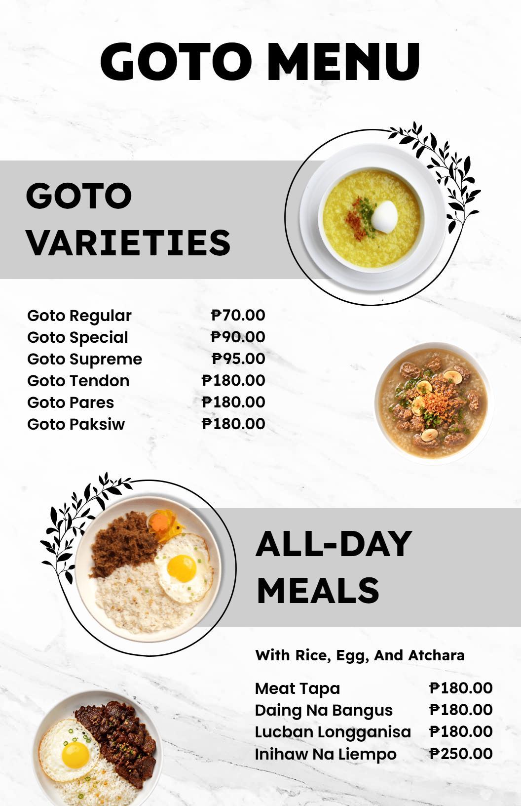 Elegant Black Goto Cuisine Selection Menu Template