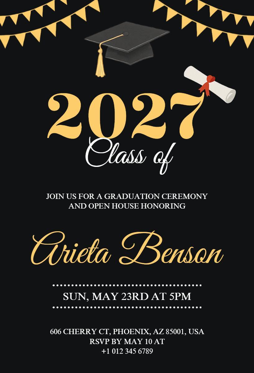 Elegant Black Graduation Ceremony Open House Invitation Template
