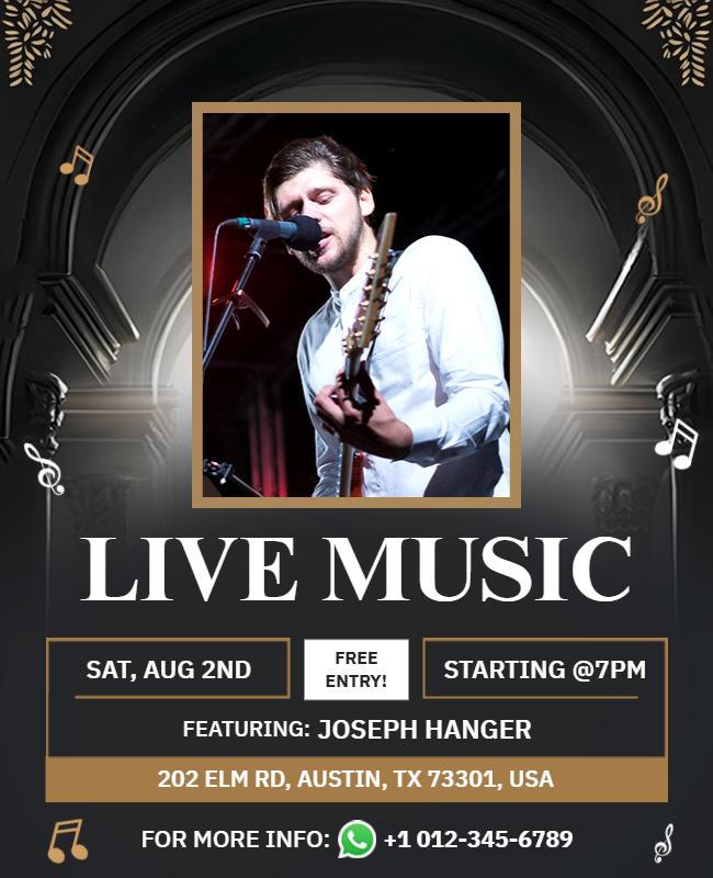 Elegant Black Live Music Event with Free Entry Poster Template