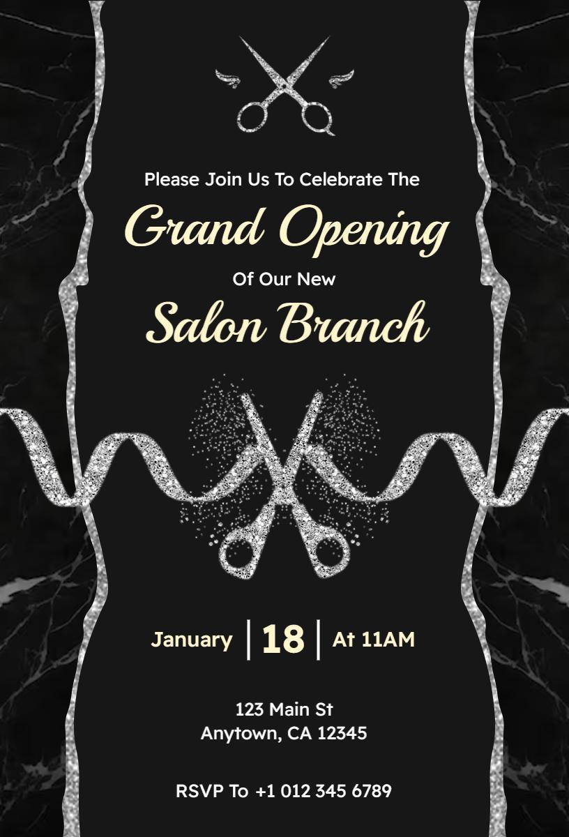 Elegant Black Marble Salon Grand Opening Celebration Invitation Template