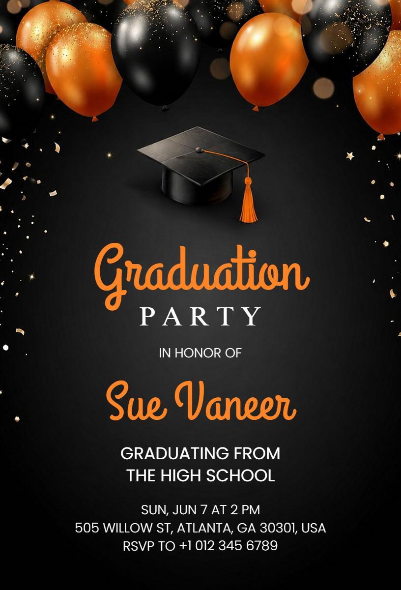 Elegant Black Orange High School Graduation Celebration Invitation Template