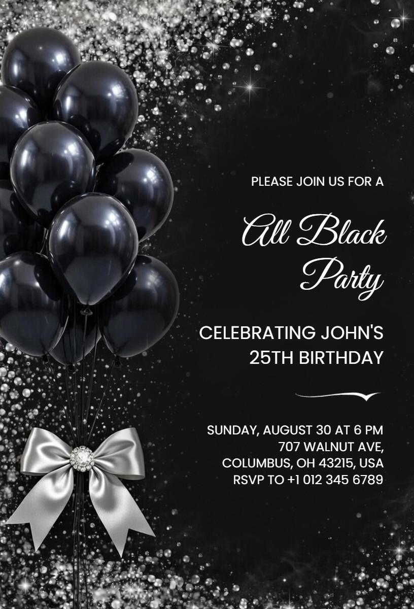 Elegant Black Party 25th Birthday Celebration Invitation Template