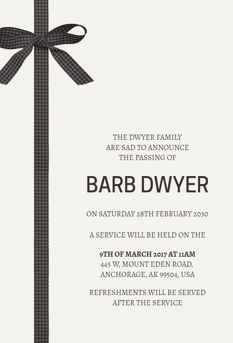 Elegant Black Ribbon Funeral Service Announcement Invitation Template