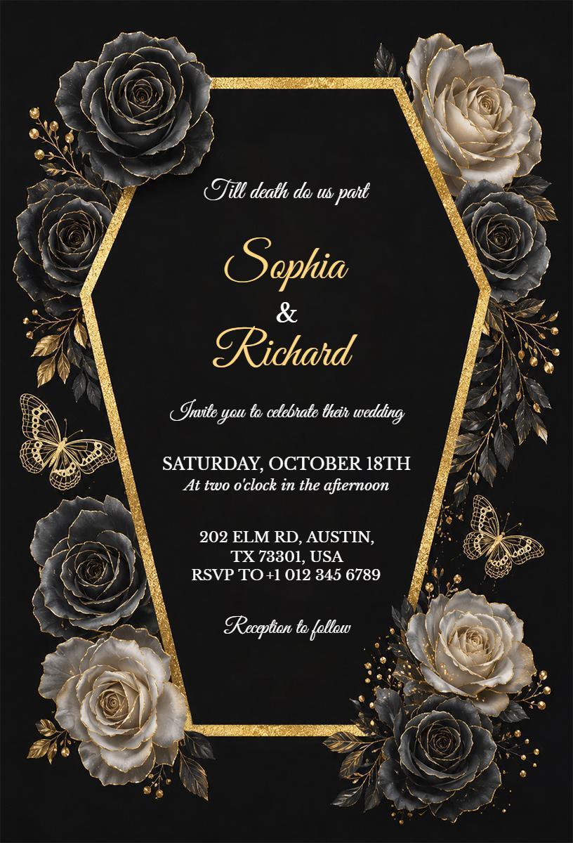 Elegant Black Rose Themed Wedding Celebration Invitation Template
