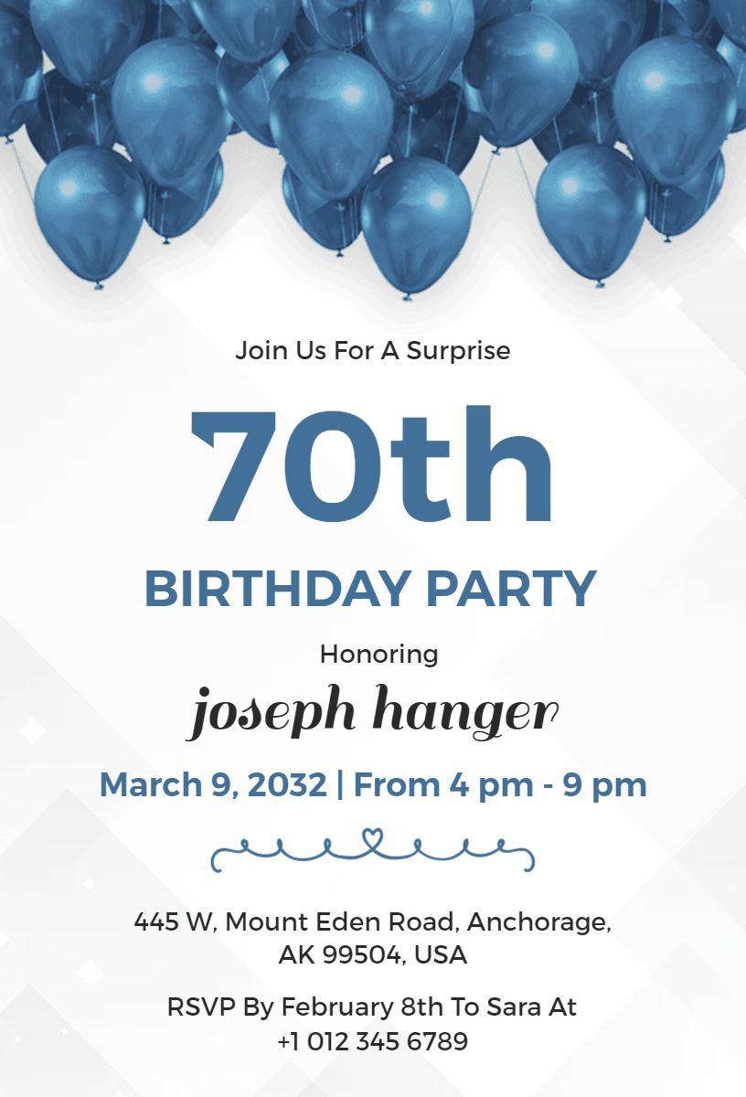 Elegant Blue 70th Birthday Surprise Celebration Invitation Template