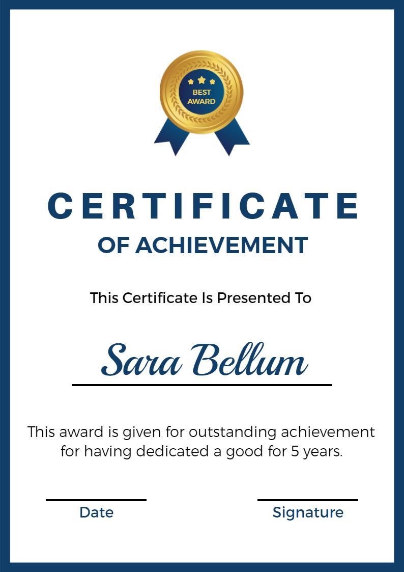 Elegant Blue Achievement Recognition Award Certificate Template