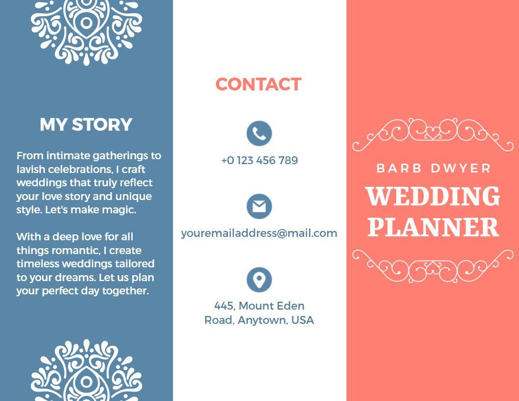 Elegant Blue and Coral Wedding Planner Services Brochure Template