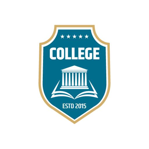 Elegant Blue and Gold College Badge with Academic Symbols Logo Template