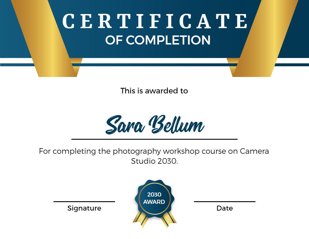 Elegant Blue and Gold Photography Workshop Completion Certificate Template