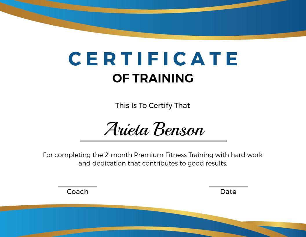 Elegant Blue and Gold Premium Fitness Training Certificate Template
