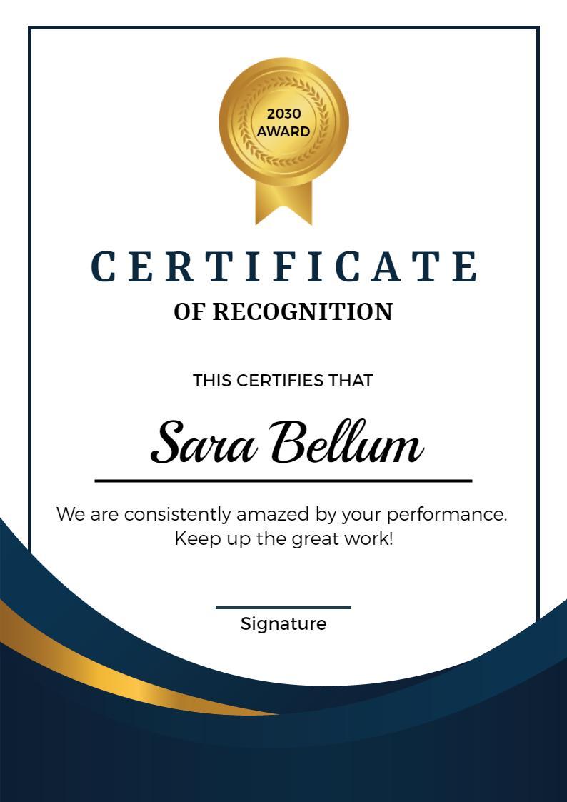 Elegant Blue and Gold Recognition Award Certificate Template