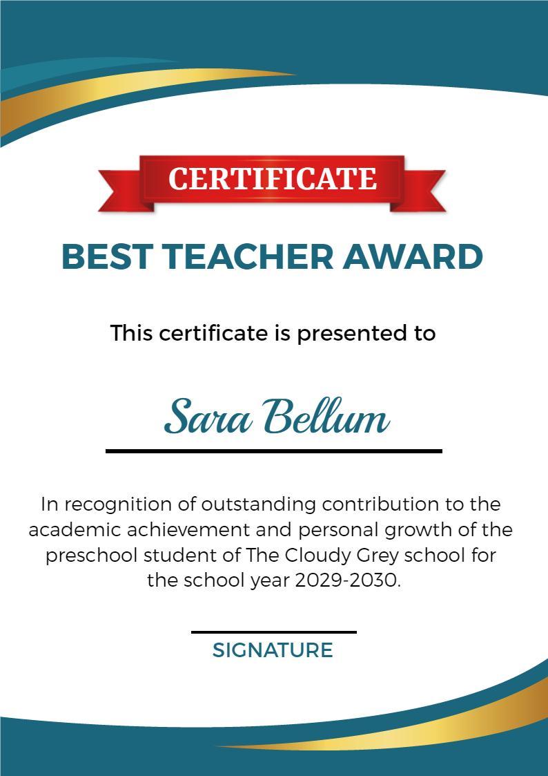 Elegant Blue and Gold Teacher Achievement Award Certificate Template
