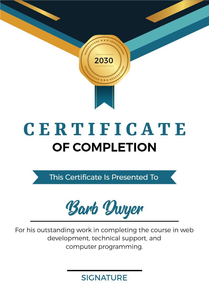 Elegant Blue and Gold Web Development Completion Certificate Template