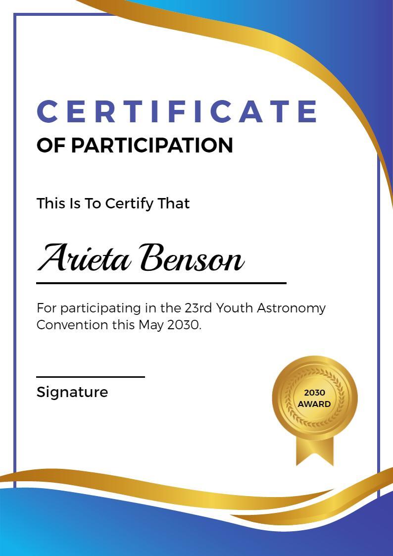 Elegant Blue and Gold Youth Astronomy Participation Certificate Template