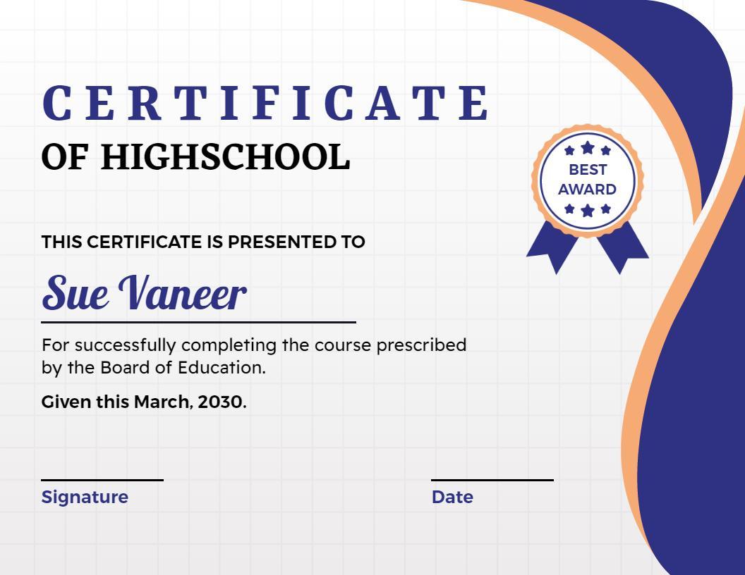 Elegant Blue and White High School Achievement Certificate Template