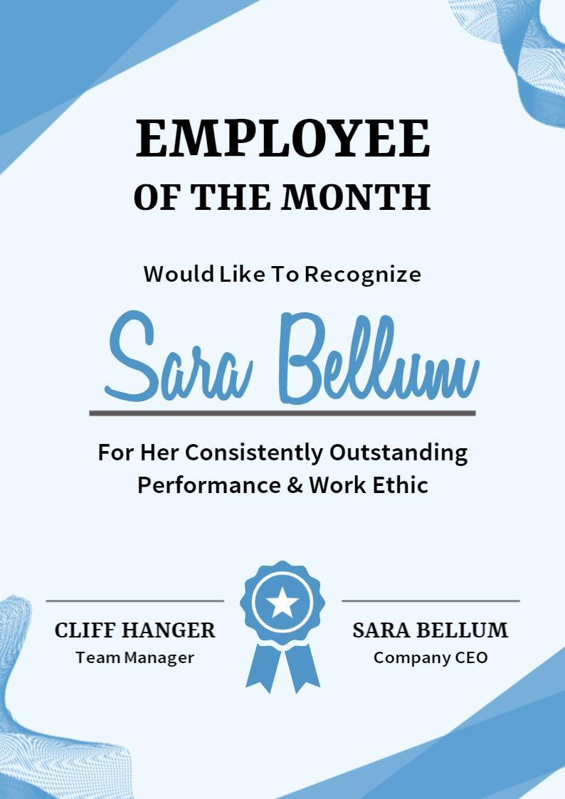 Elegant Blue Award for Employee of the Month Certificate Template