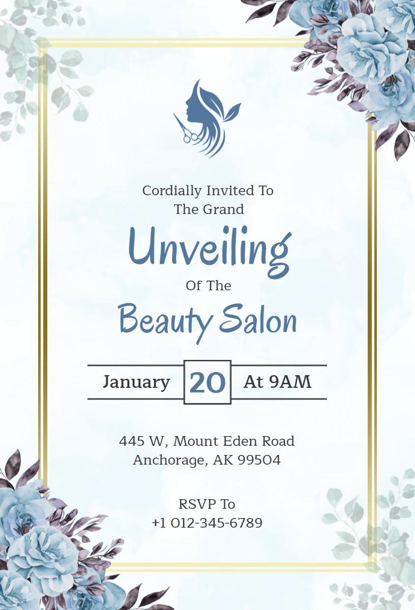 Elegant Blue Beauty Salon Grand Opening Invitation Template