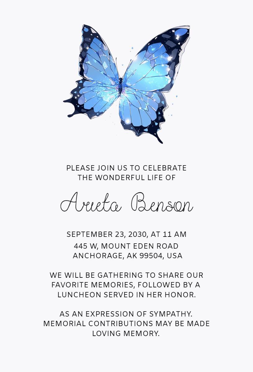Elegant Blue Butterfly Celebration Of Life Invitation Template