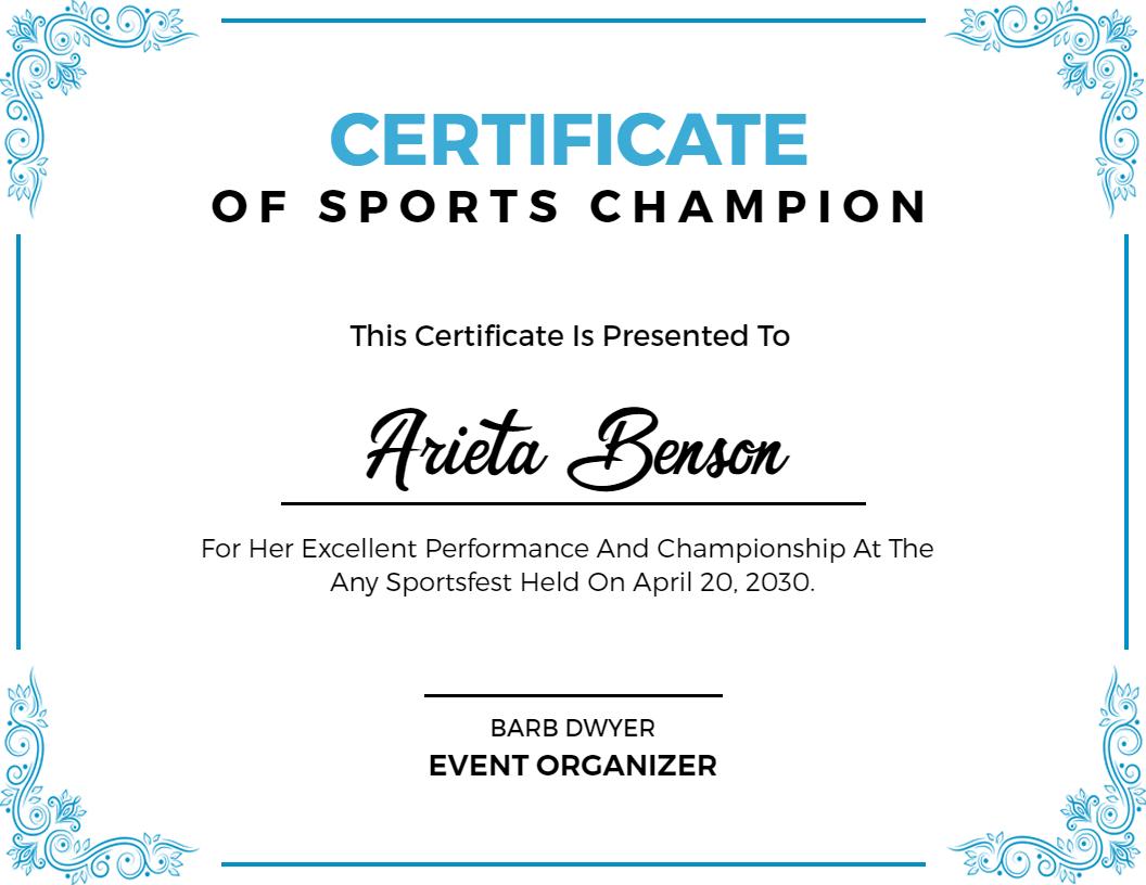 Elegant Blue Decorative Sports Champion Certificate Template