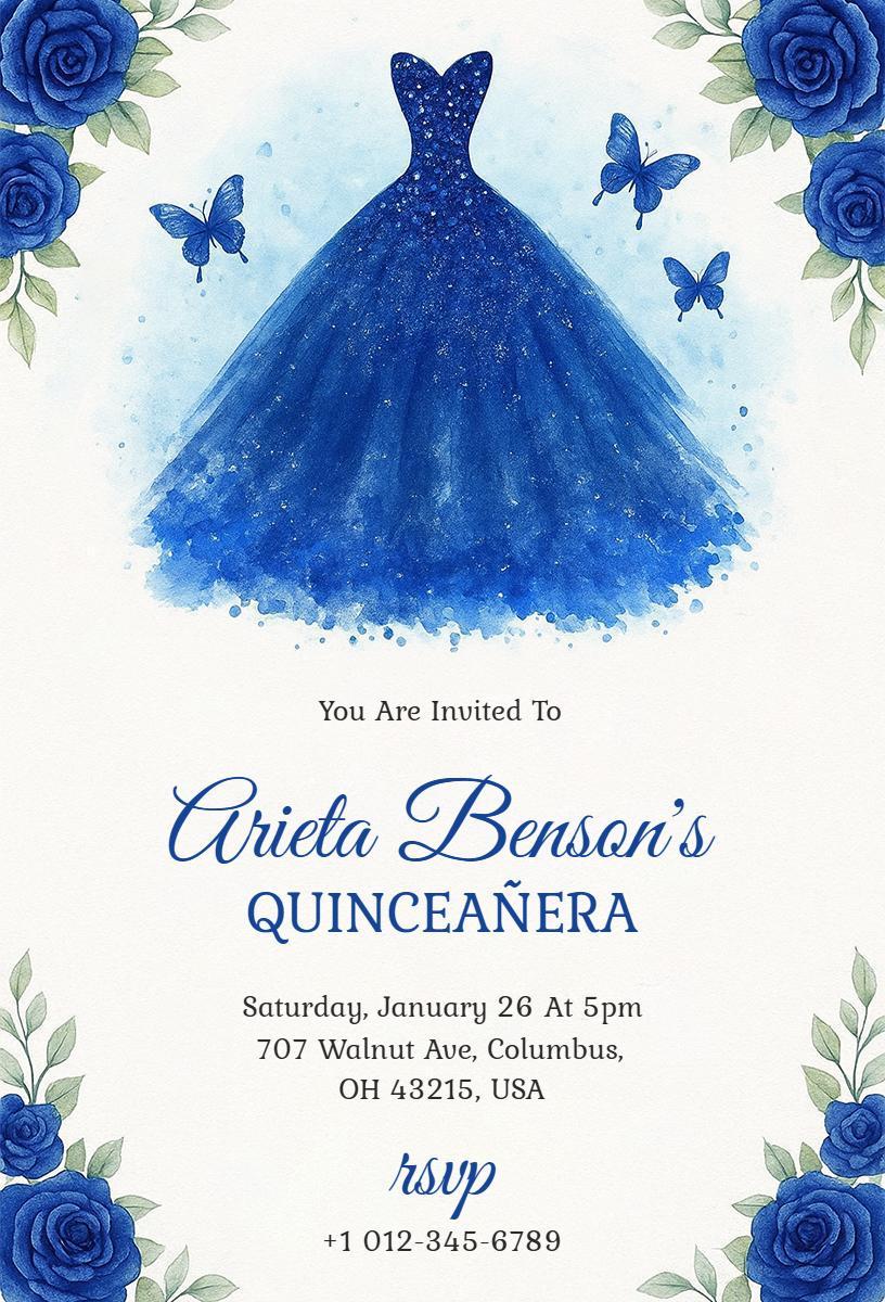Elegant Blue Dress Quinceanera Celebration Invitation Template