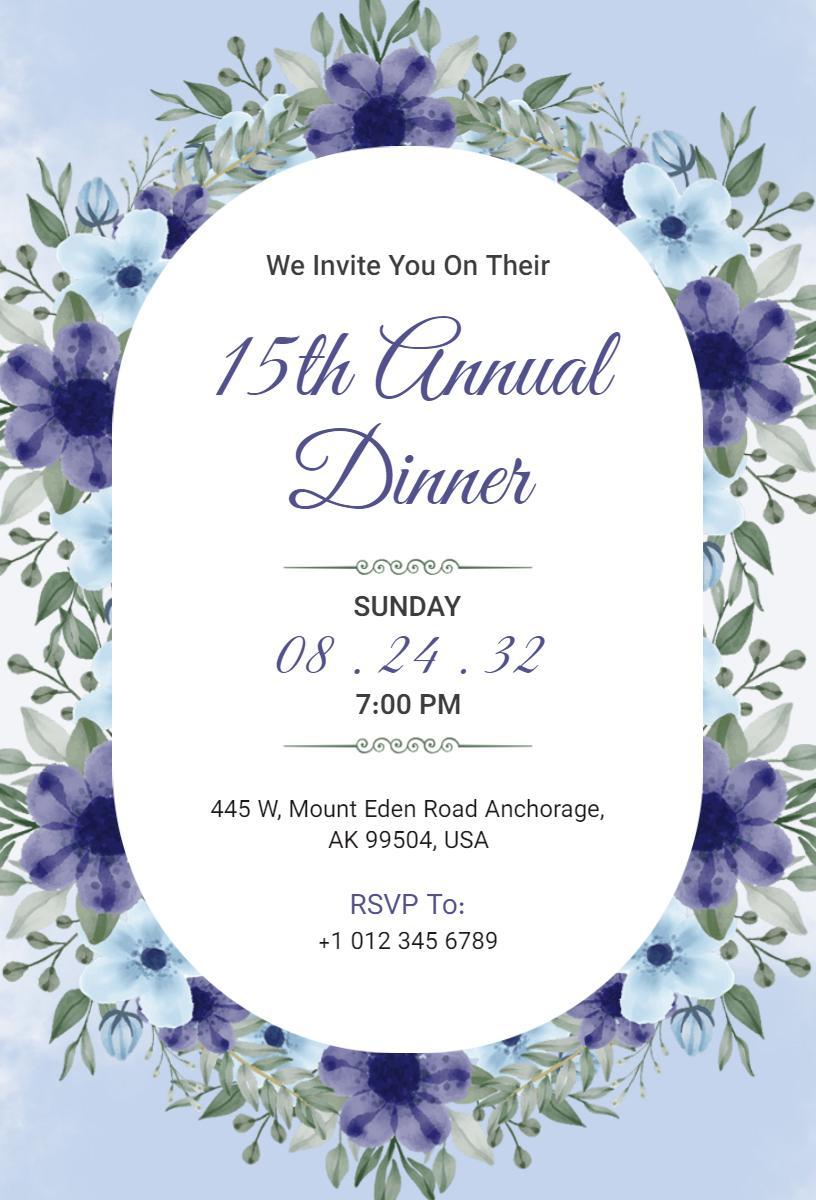 Elegant Blue Floral 15th Annual Dinner Invitation Template