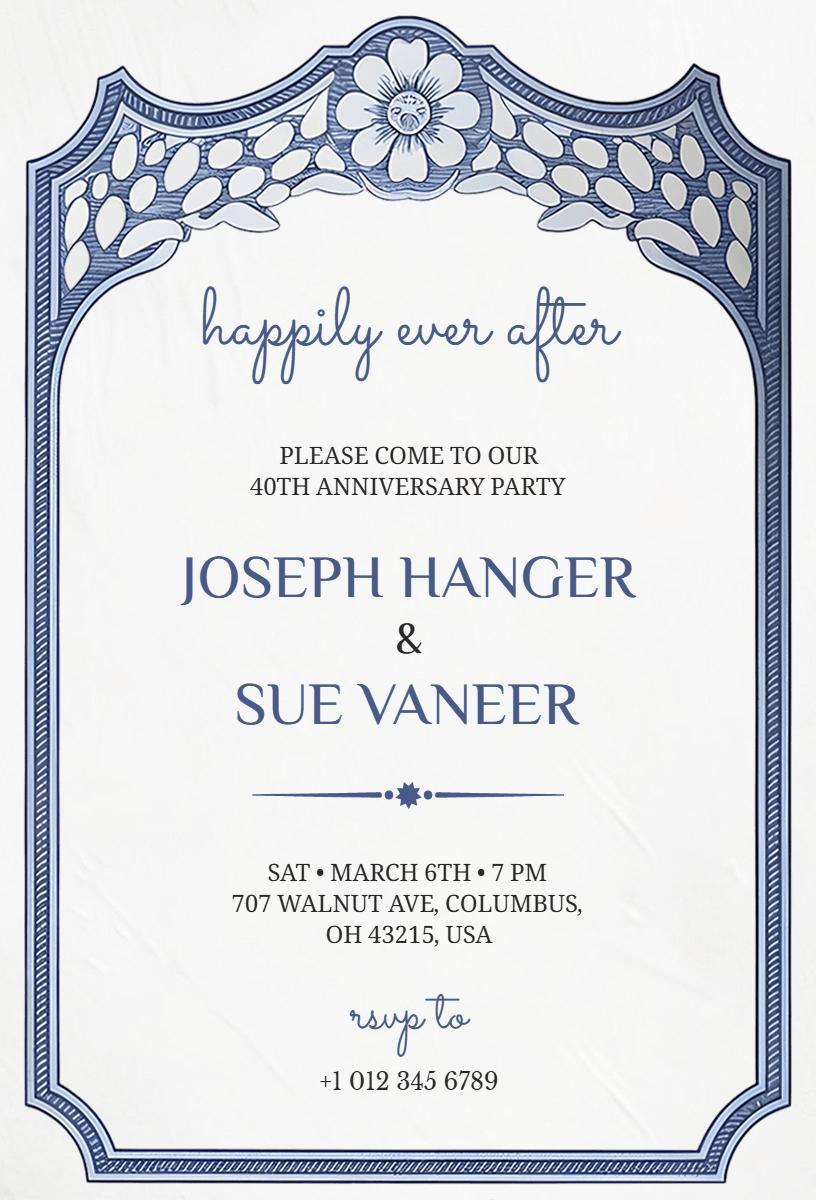 Elegant Blue Floral 40th Anniversary Celebration Invitation Template