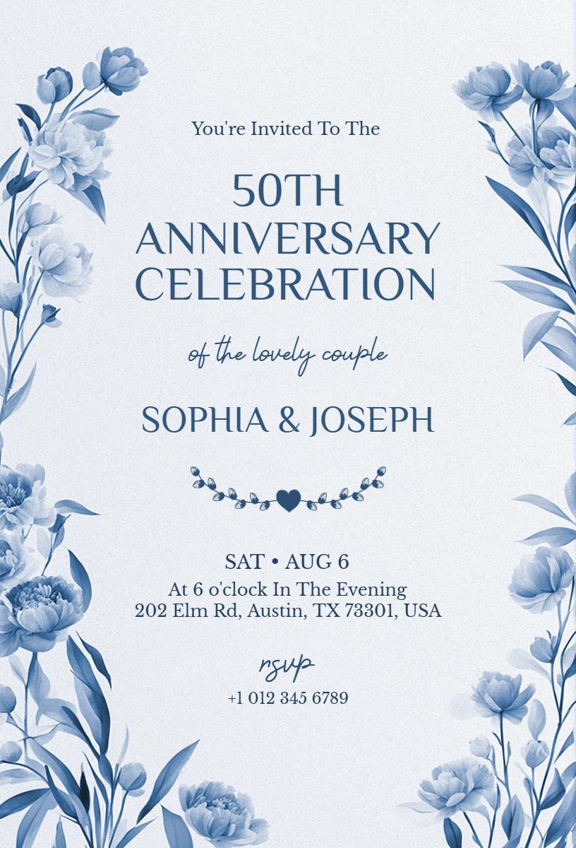 Elegant Blue Floral 50th Anniversary Celebration Invitation Template
