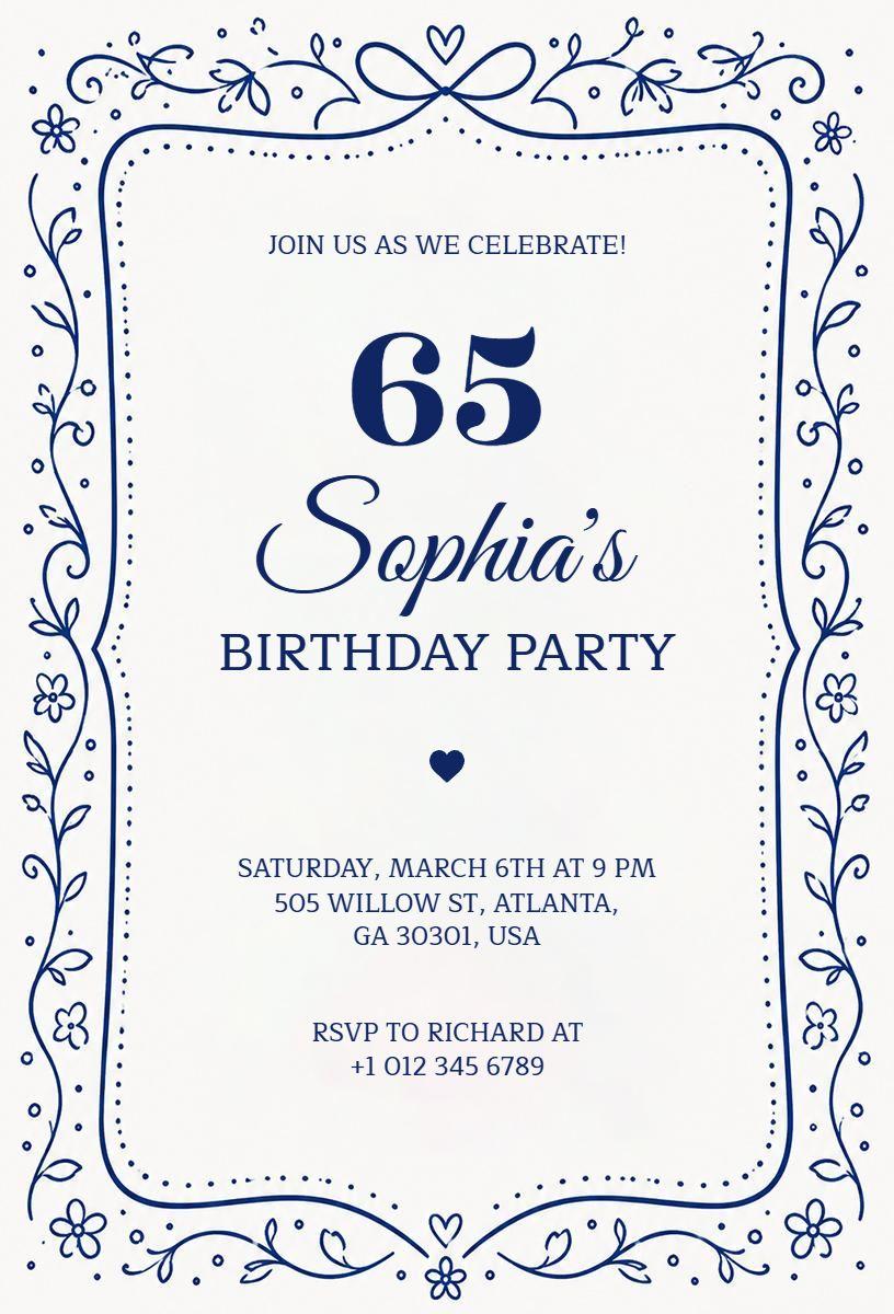 Elegant Blue Floral 65th Birthday Celebration Invitation Template