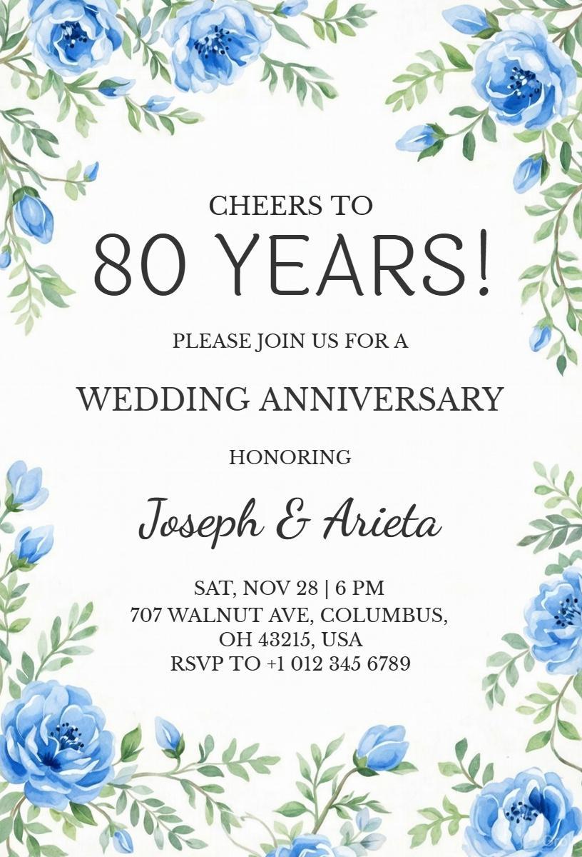 Elegant Blue Floral 80th Wedding Anniversary Invitation Template