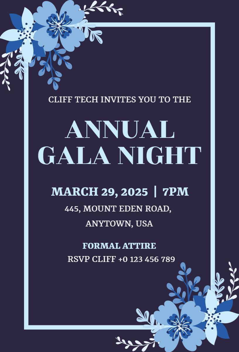 Elegant Blue Floral Annual Gala Night Invitation Template