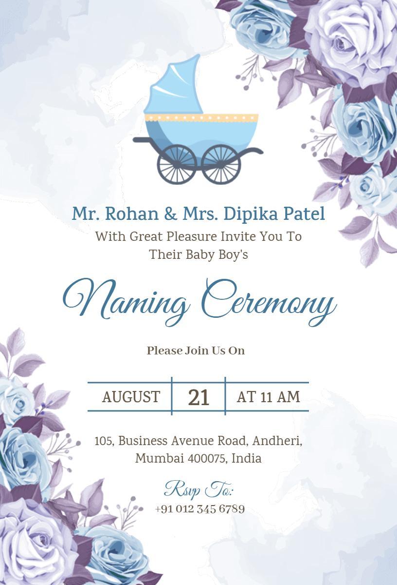 Elegant Blue Floral Baby Naming Ceremony Invitation Template