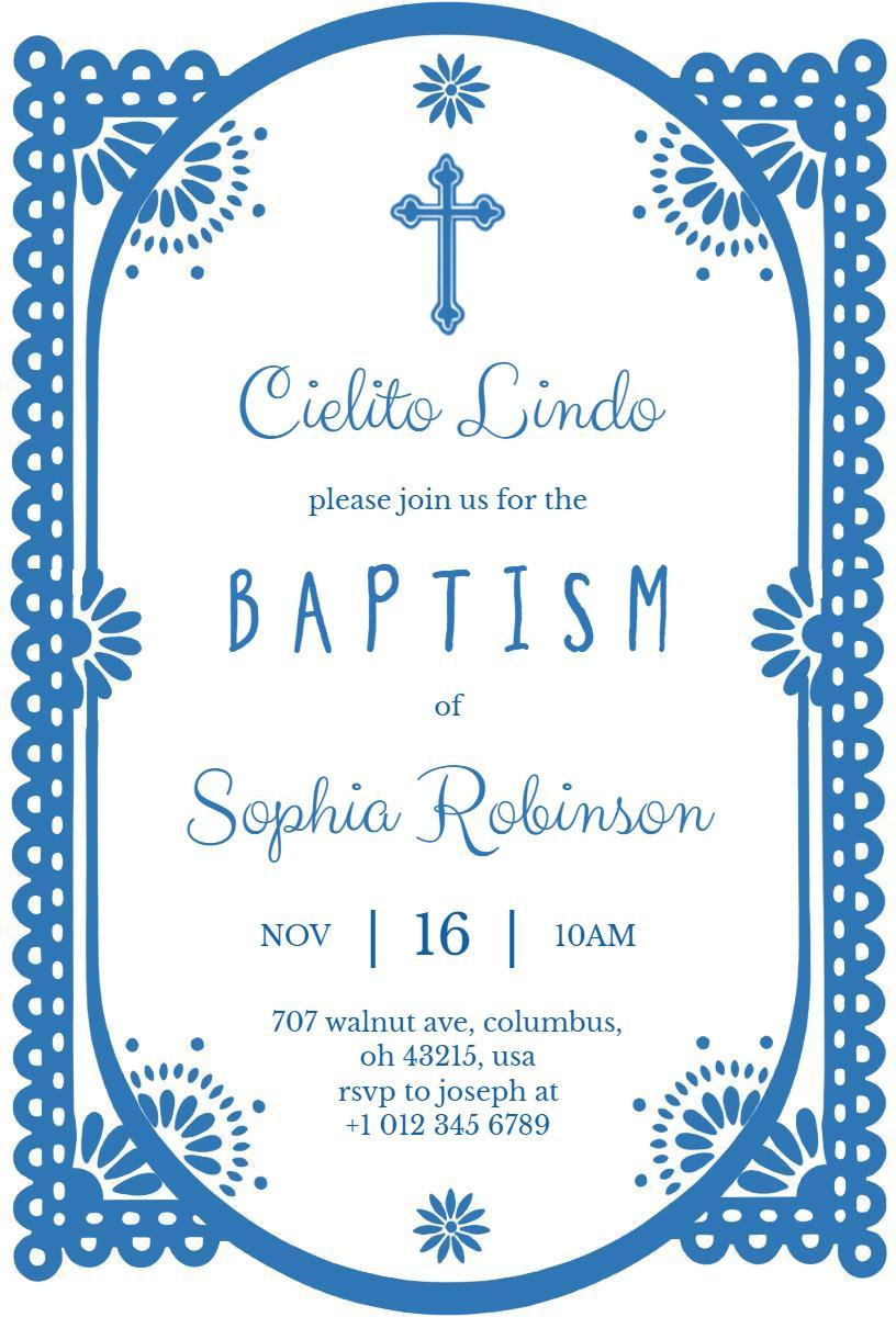 Elegant Blue Floral Baptism Celebration Invitation Template