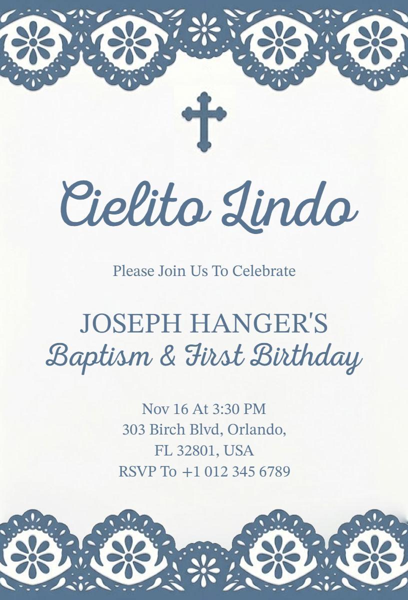Elegant Blue Floral Baptism First Birthday Celebration Invitation Template