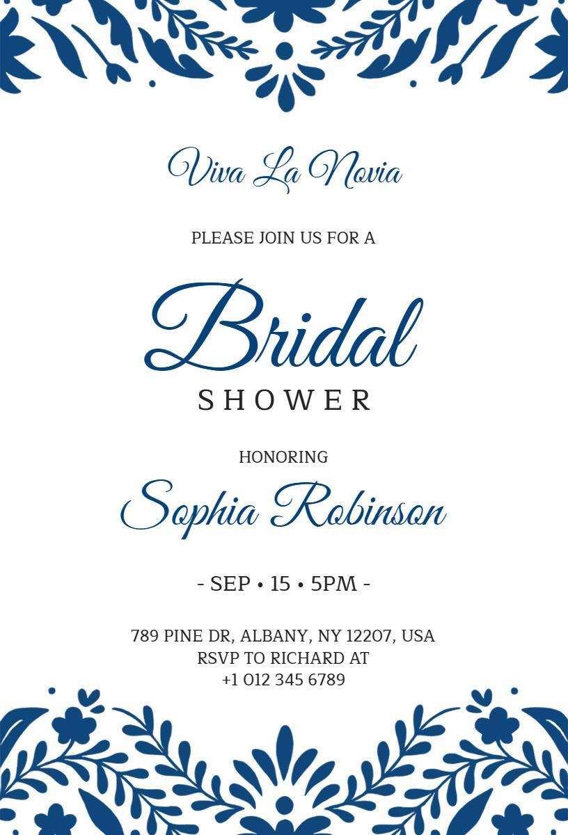Elegant Blue Floral Bridal Shower Invitation Template