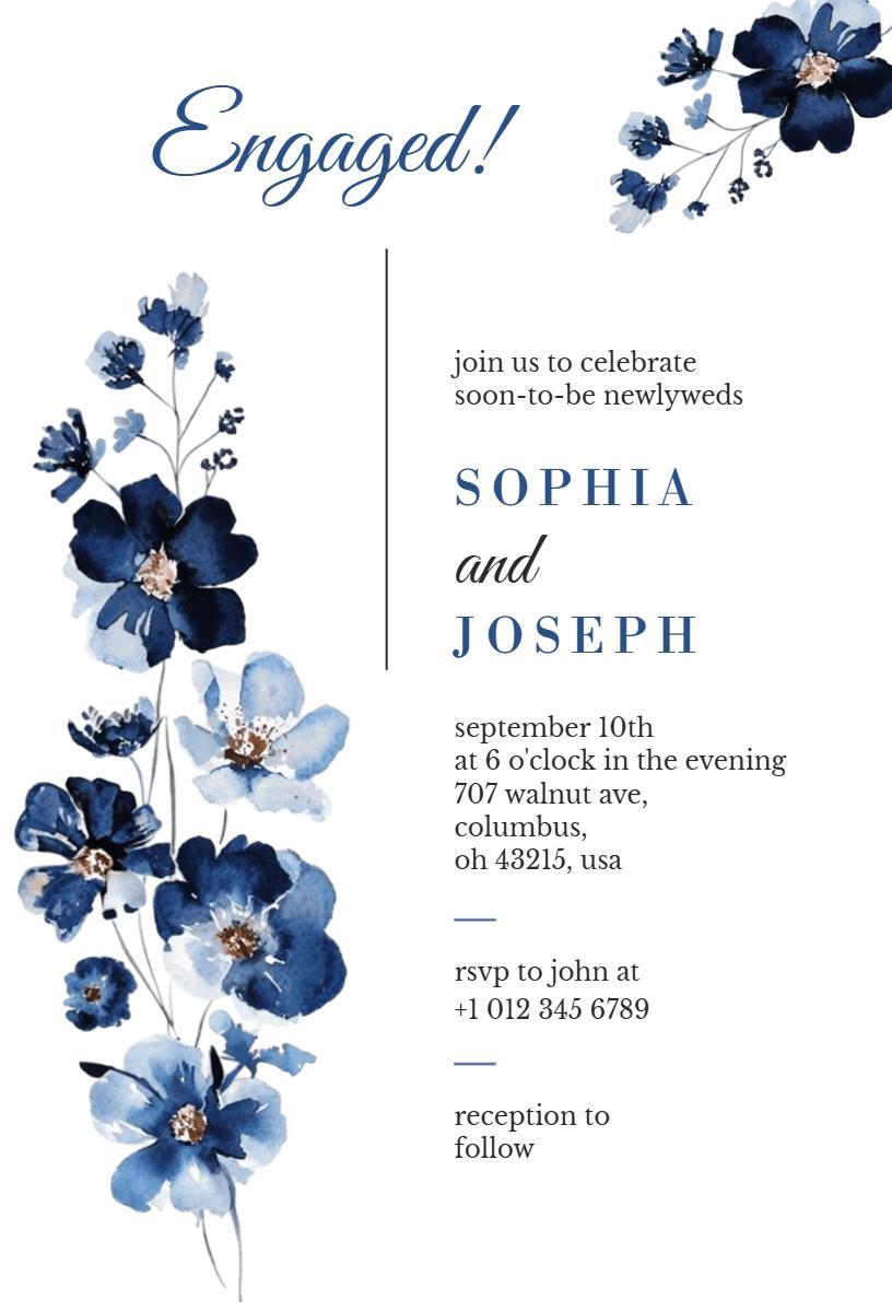 Elegant Blue Floral Engagement Celebration Invitation Template