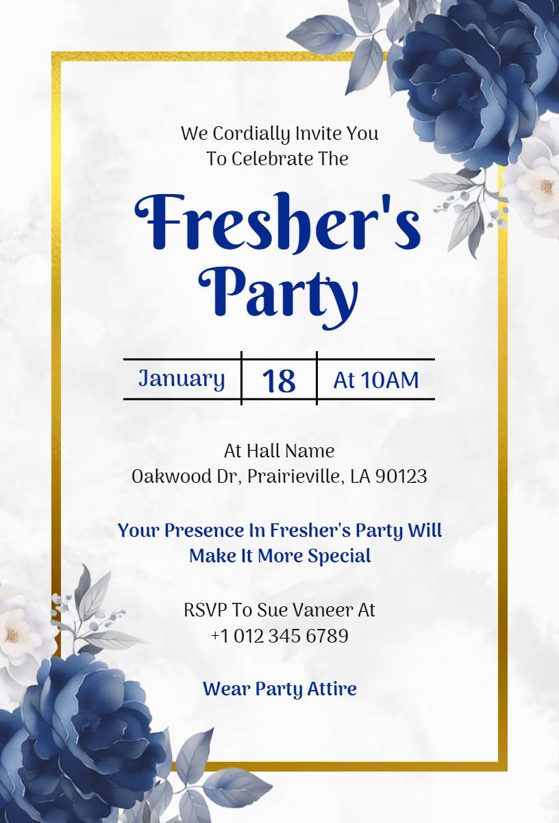 Elegant Blue Floral Freshers Celebration Party Invitation Template
