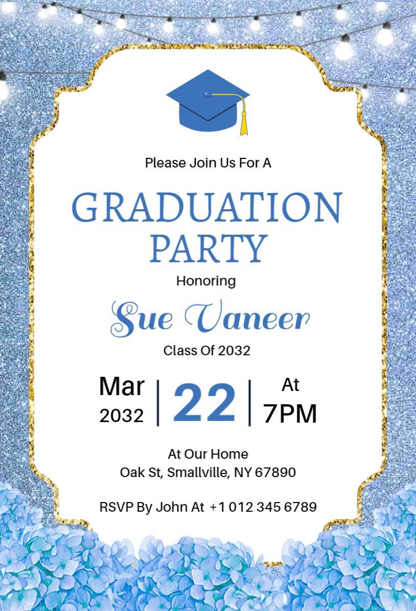Elegant Blue Floral Graduation Celebration Party Invitation Template