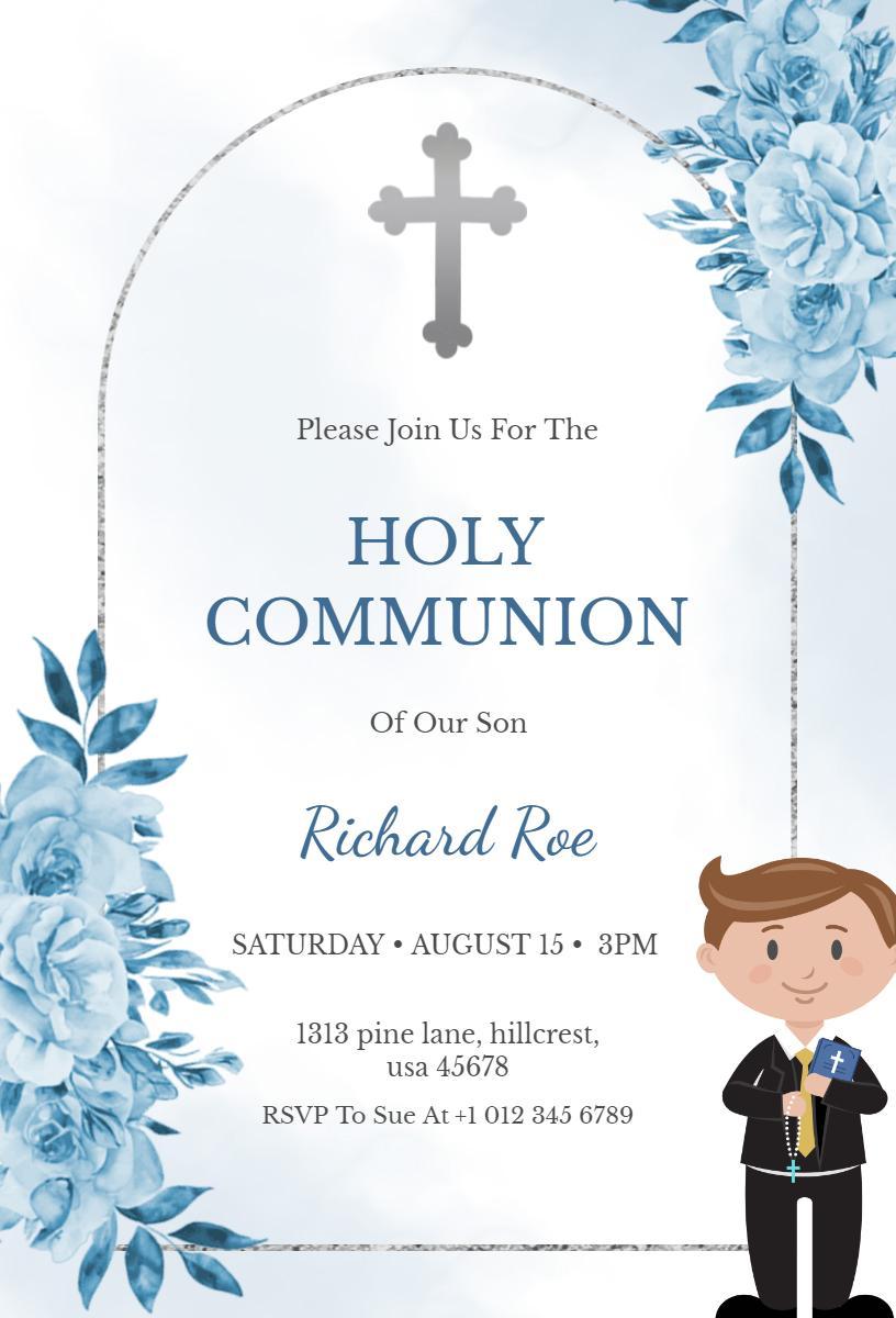 Elegant Blue Floral Holy Communion Celebration Invitation Template