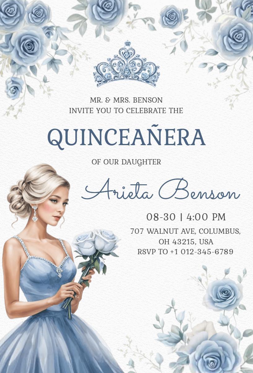 Elegant Blue Floral Quinceanera Celebration Invitation Template