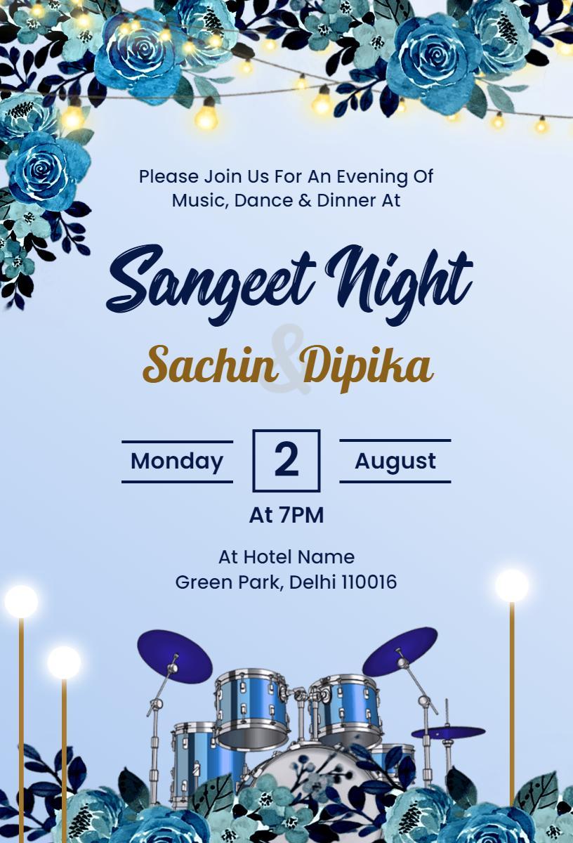 Elegant Blue Floral Sangeet Ceremony Celebration Invitation Template