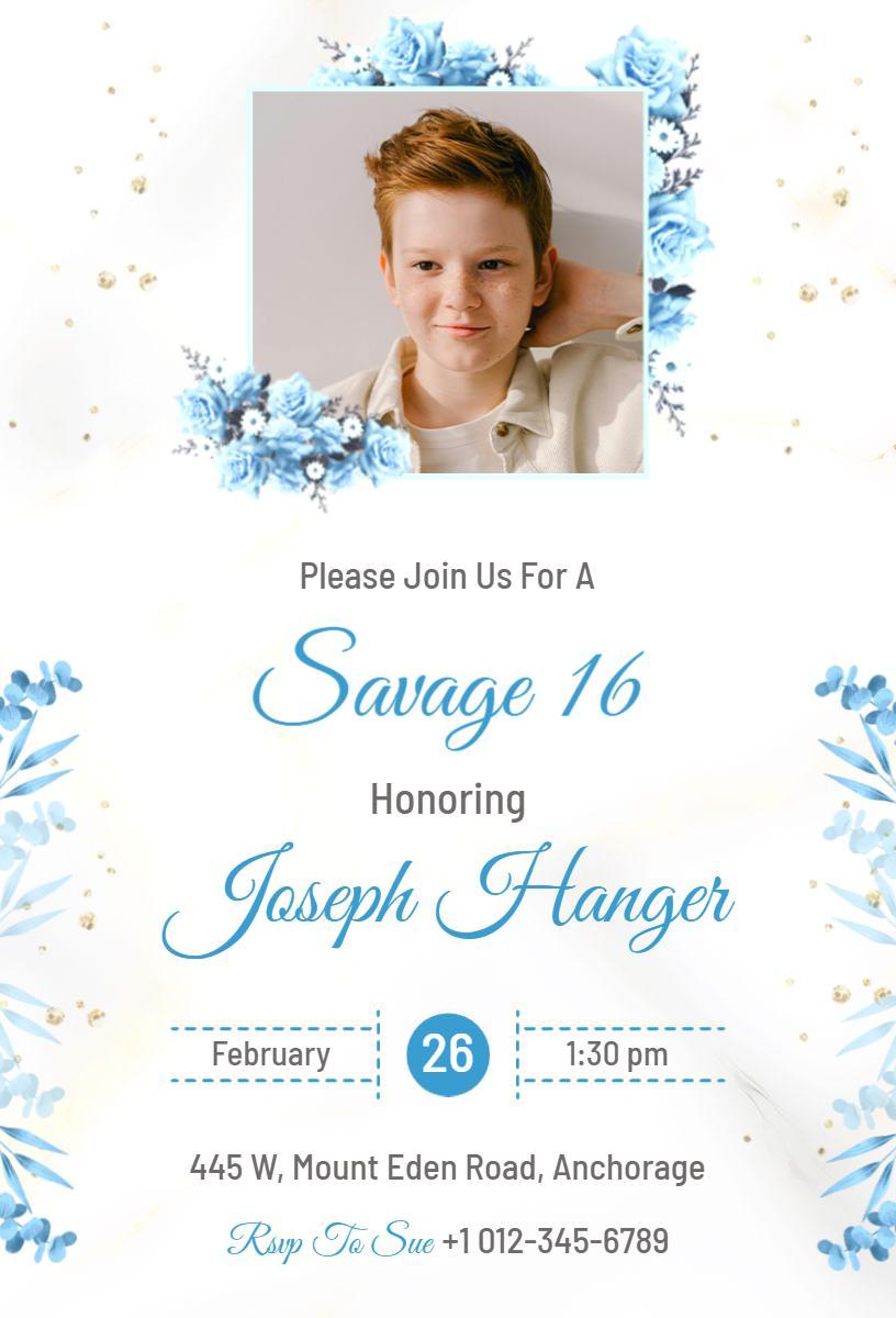 Elegant Blue Floral Savage 16 Birthday Invitation Template